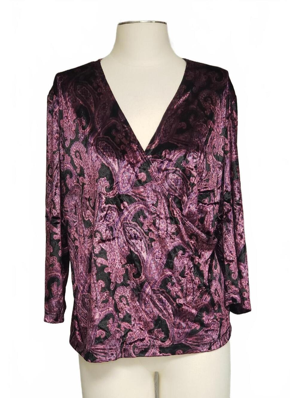 Lindor Retro Women's Purple & Black Velvet Paisley Wrap Top/Blouse, Sz XL